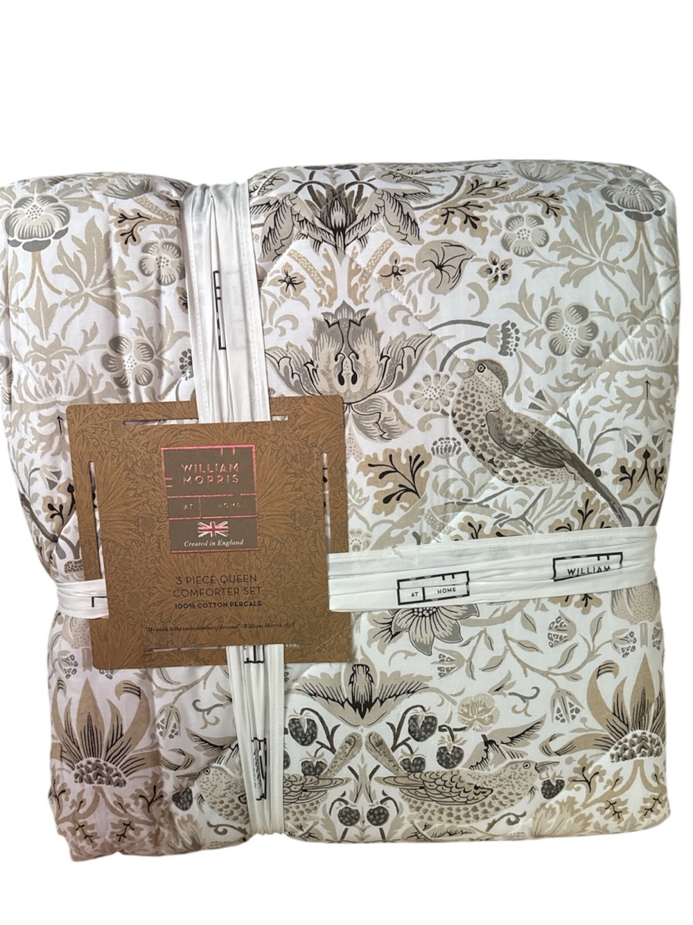 William Morris Beige Floral & Bird Cotton Comforter Set - Queen NWT